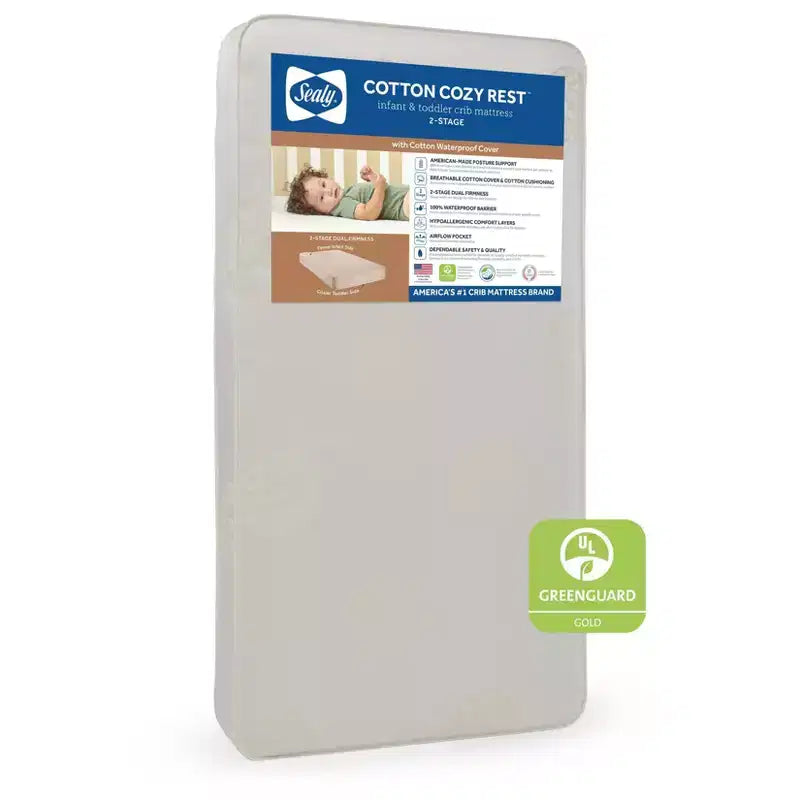 Matelas de lit de bébé et de tout-petit Sealy Cotton Cozy Rest 2 étapes : hypoallergénique, housse imperméable, sensation de fermeté, épaisseur de 14 cm