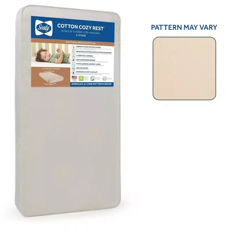 Matelas de lit de bébé et de tout-petit Sealy Cotton Cozy Rest 2 étapes : hypoallergénique, housse imperméable, sensation de fermeté, épaisseur de 14 cm