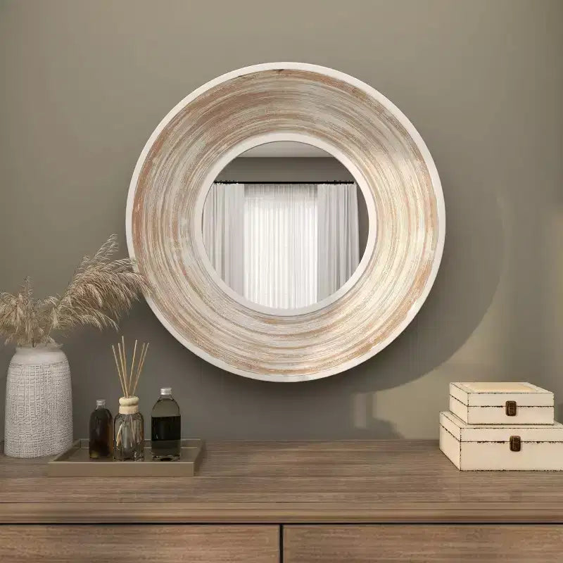 Miroir mural en bois 89x89 cm à effet blanchi crème - Olivia & May : Aucun assemblage requis, cadre en MDF, usage intérieur