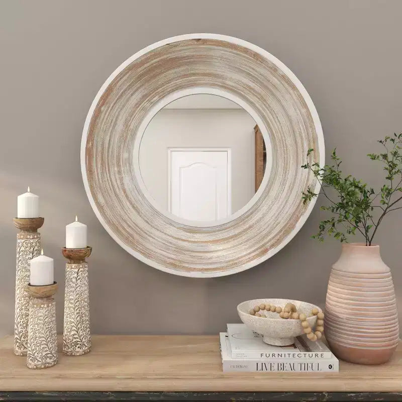 Miroir mural en bois 89x89 cm à effet blanchi crème - Olivia & May : Aucun assemblage requis, cadre en MDF, usage intérieur