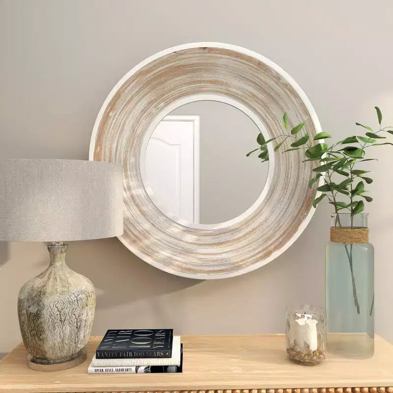 Miroir mural en bois 89x89 cm à effet blanchi crème - Olivia & May : Aucun assemblage requis, cadre en MDF, usage intérieur