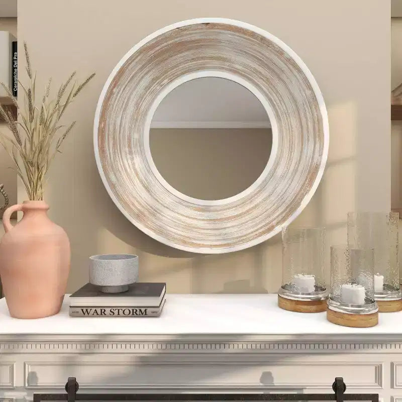 Miroir mural en bois 89x89 cm à effet blanchi crème - Olivia & May : Aucun assemblage requis, cadre en MDF, usage intérieur