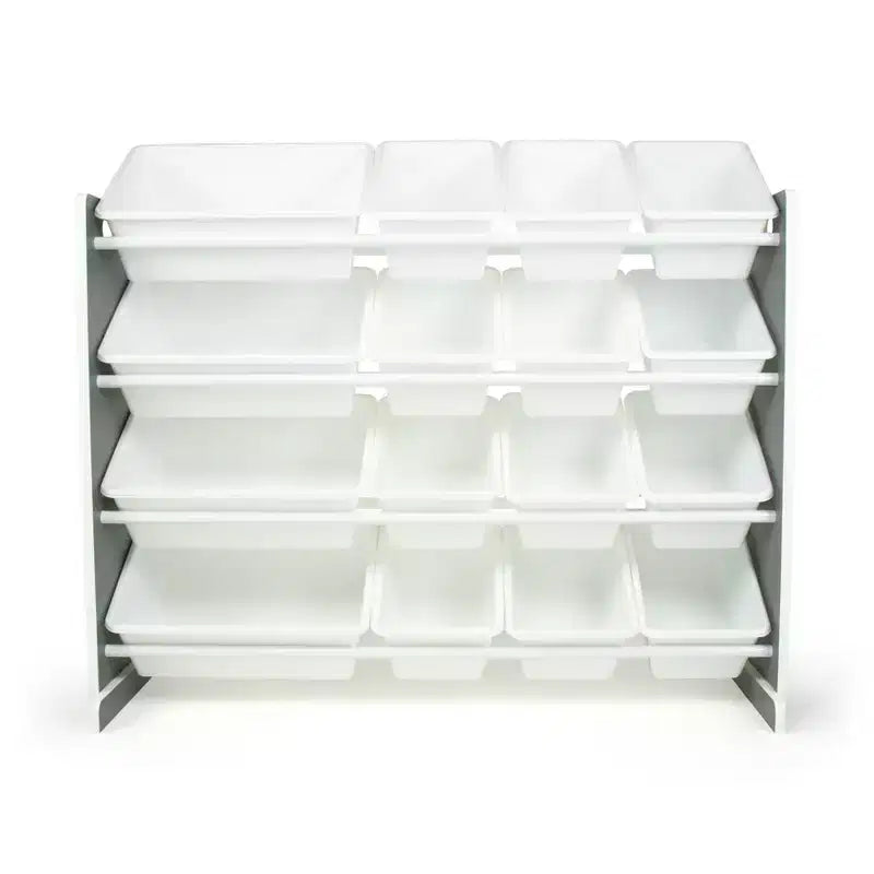 Organisateur de jouets Soho Kids avec 16 bacs de rangement Gris/Blanc - Humble Crew : Étagères à bacs en MDF, 4 étagères, quincaillerie anti-basculement