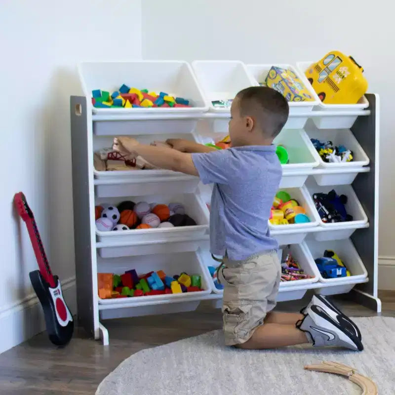 Organisateur de jouets Soho Kids avec 16 bacs de rangement Gris/Blanc - Humble Crew : Étagères à bacs en MDF, 4 étagères, quincaillerie anti-basculement
