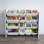 Organisateur de jouets Soho Kids avec 16 bacs de rangement Gris/Blanc - Humble Crew : Étagères à bacs en MDF, 4 étagères, quincaillerie anti-basculement