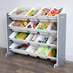 Organisateur de jouets Soho Kids avec 16 bacs de rangement Gris/Blanc - Humble Crew : Étagères à bacs en MDF, 4 étagères, quincaillerie anti-basculement