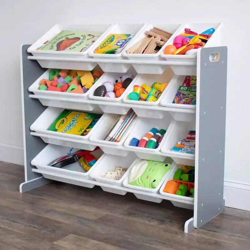 Organisateur de jouets Soho Kids avec 16 bacs de rangement Gris/Blanc - Humble Crew : Étagères à bacs en MDF, 4 étagères, quincaillerie anti-basculement