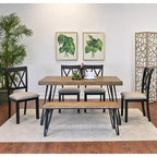 Roundhill Furniture Arroyo Dining Set, Hairpin Dining Table with 4 Cross-back Chairs and Bench, Rich Black, 6-Piece