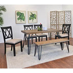 Ensemble de salle à manger Roundhill Furniture Arroyo, table à manger avec pieds épingles, 4 chaises à dossier croisé et banc, noir intense, 6 pièces