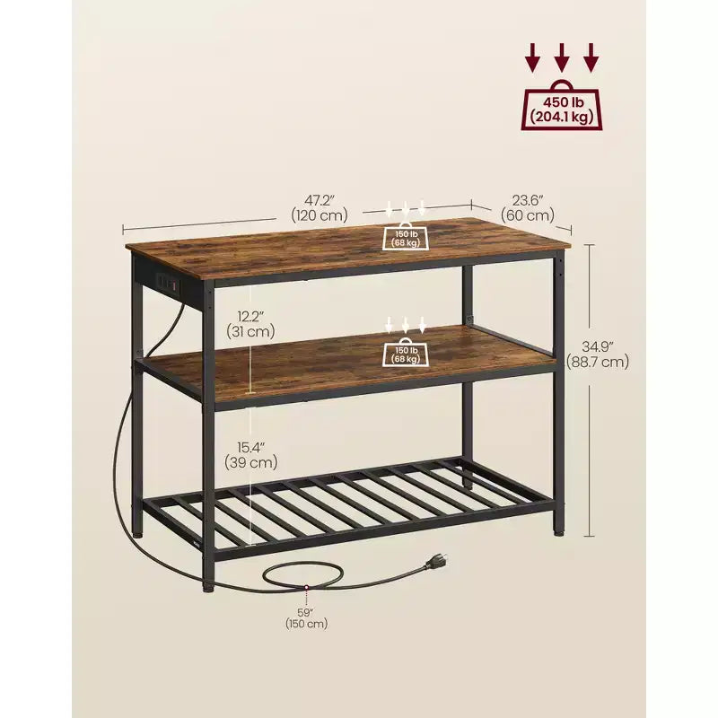 Îlot de cuisine VASAGLE avec 3 étagères, étagère de cuisine de 120 cm de large avec multiprise, grand plan de travail, structure en acier stable