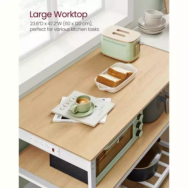 Îlot de cuisine VASAGLE avec 3 étagères, étagère de cuisine de 120 cm de large avec multiprise, grand plan de travail, structure en acier stable