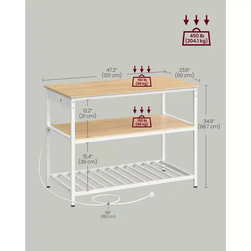 Îlot de cuisine VASAGLE avec 3 étagères, étagère de cuisine de 120 cm de large avec multiprise, grand plan de travail, structure en acier stable