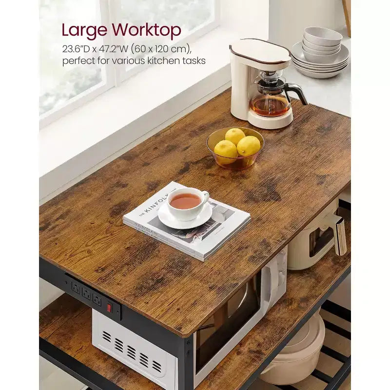 Îlot de cuisine VASAGLE avec 3 étagères, étagère de cuisine de 120 cm de large avec multiprise, grand plan de travail, structure en acier stable