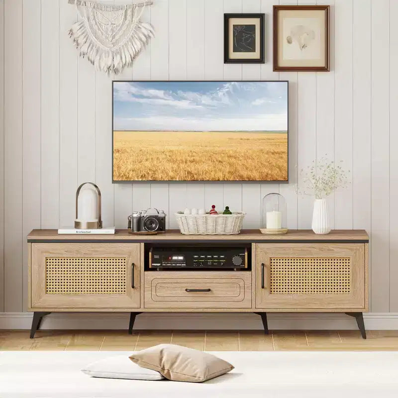 Meuble TV bohème Costway pour téléviseurs de 65 pouces Meuble TV moderne avec tiroir et 2 rangements