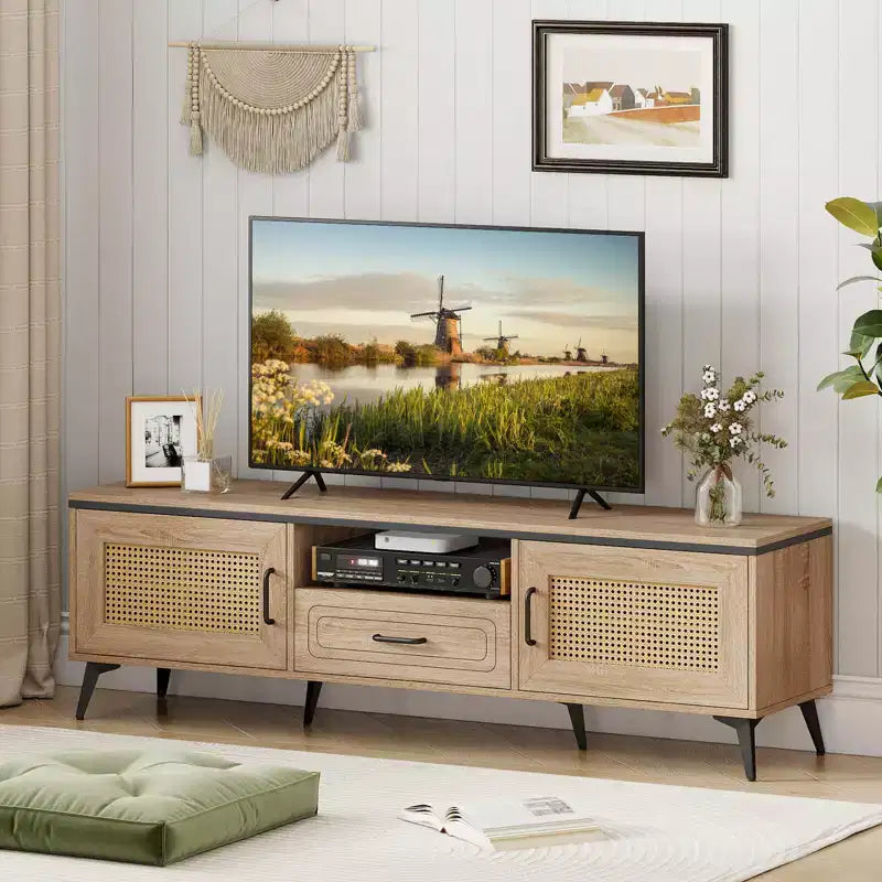 Meuble TV bohème Costway pour téléviseurs de 65 pouces Meuble TV moderne avec tiroir et 2 rangements