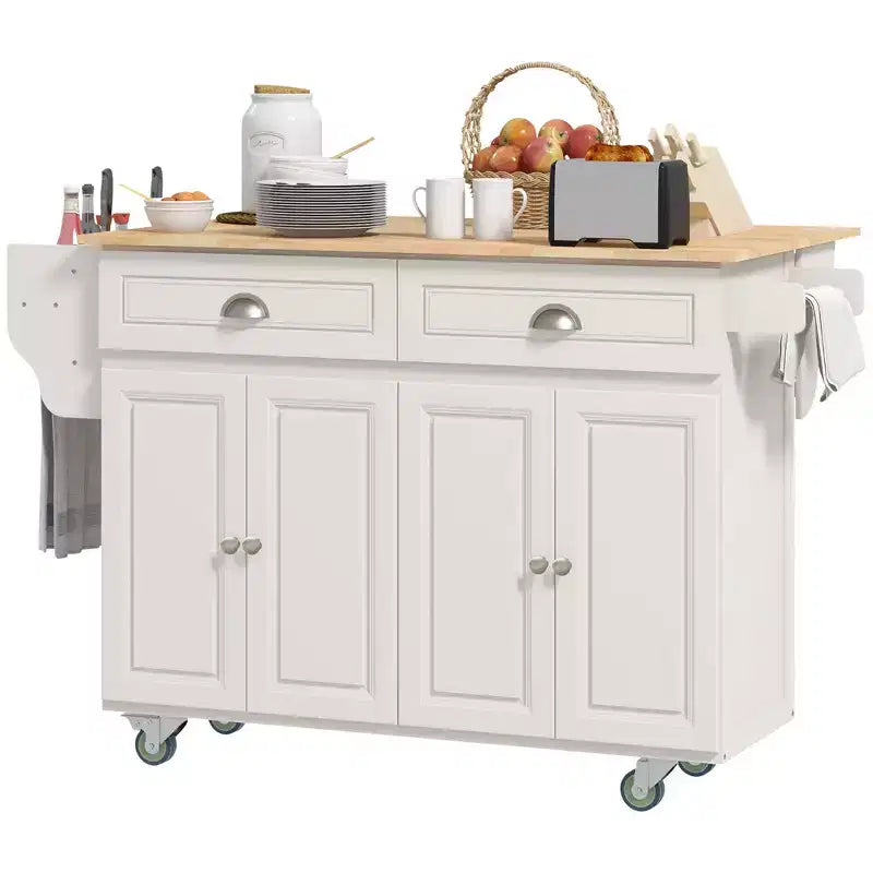 HOMCOM Îlot de cuisine roulant à abattants, Chariot de cuisine sur roulettes, Plan de travail en bois massif, Petit-déjeuner avec tiroirs de rangement, armoires et porte-épices