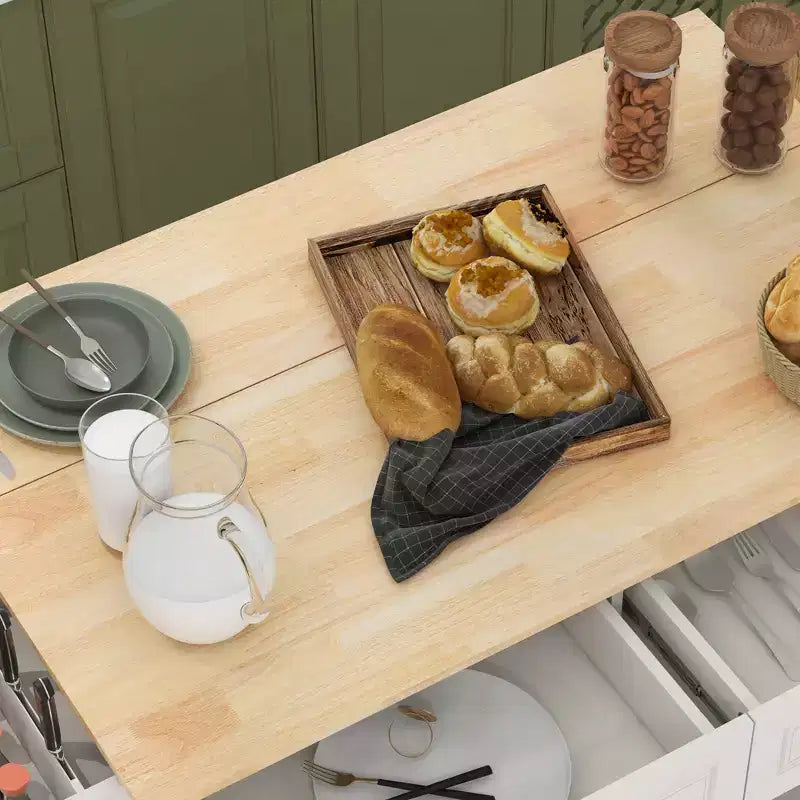 HOMCOM Îlot de cuisine roulant à abattants, Chariot de cuisine sur roulettes, Plan de travail en bois massif, Petit-déjeuner avec tiroirs de rangement, armoires et porte-épices