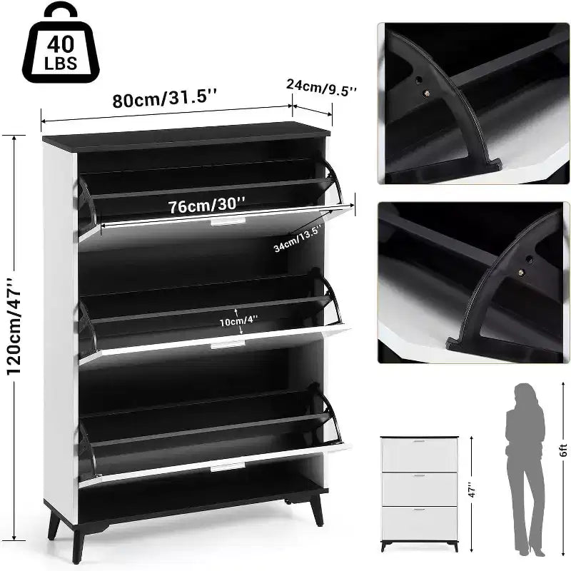 Meuble à chaussures, Meuble de rangement pour chaussures avec 3 tiroirs basculants, Organisateur de chaussures autonome avec pieds, 47"