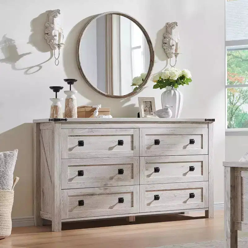 Commode de Ferme à 6 Tiroirs, Grande Commode Rustique en Bois de 54 po, Organiseur de Rangement pour Chambre, Salon, Couloir, Gris
