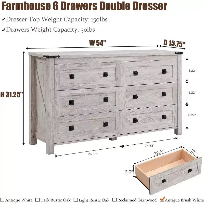 Commode de Ferme à 6 Tiroirs, Grande Commode Rustique en Bois de 54 po, Organiseur de Rangement pour Chambre, Salon, Couloir, Gris