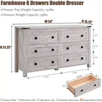Commode de Ferme à 6 Tiroirs, Grande Commode Rustique en Bois de 54 po, Organiseur de Rangement pour Chambre, Salon, Couloir, Gris