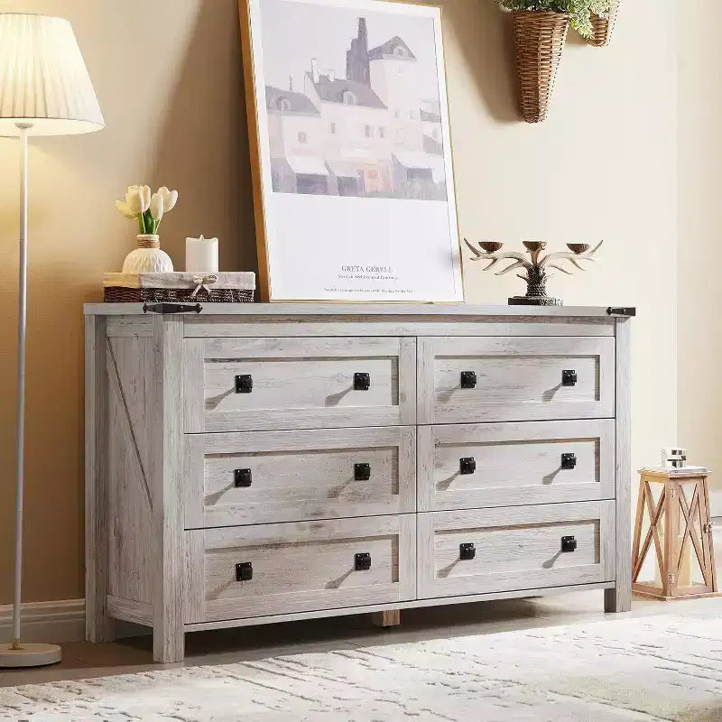 Commode de Ferme à 6 Tiroirs, Grande Commode Rustique en Bois de 54 po, Organiseur de Rangement pour Chambre, Salon, Couloir, Gris