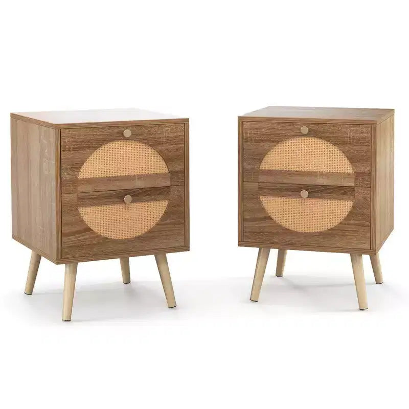 Costway 2 Tables de Chevet en Rotin avec 2 Tiroirs Pieds en Bois Massif Table Basse Compacte en Bois