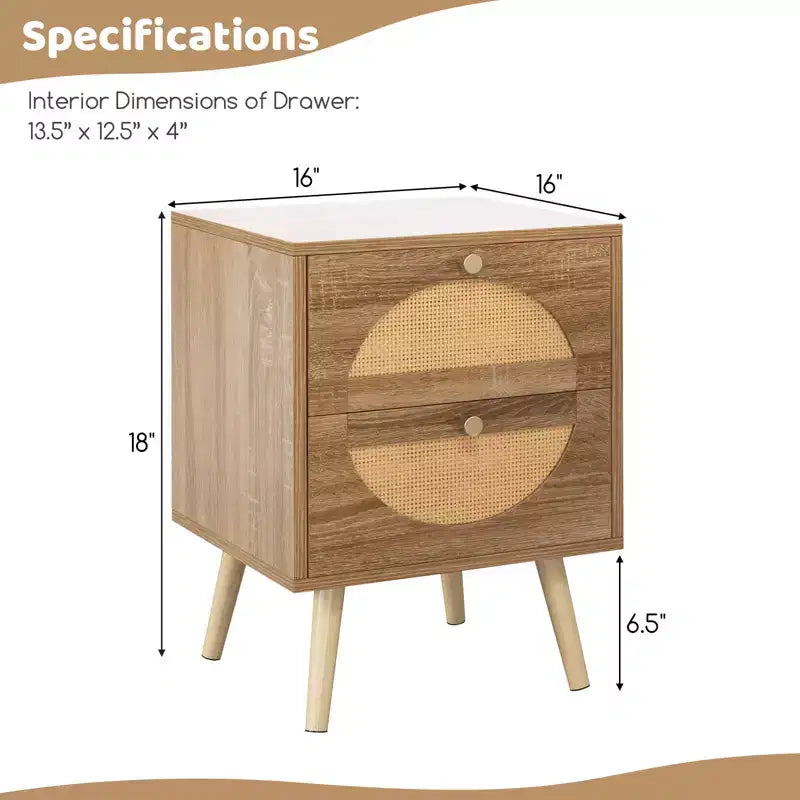 Costway 2 Tables de Chevet en Rotin avec 2 Tiroirs Pieds en Bois Massif Table Basse Compacte en Bois