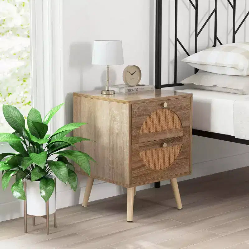 Costway 2 Tables de Chevet en Rotin avec 2 Tiroirs Pieds en Bois Massif Table Basse Compacte en Bois