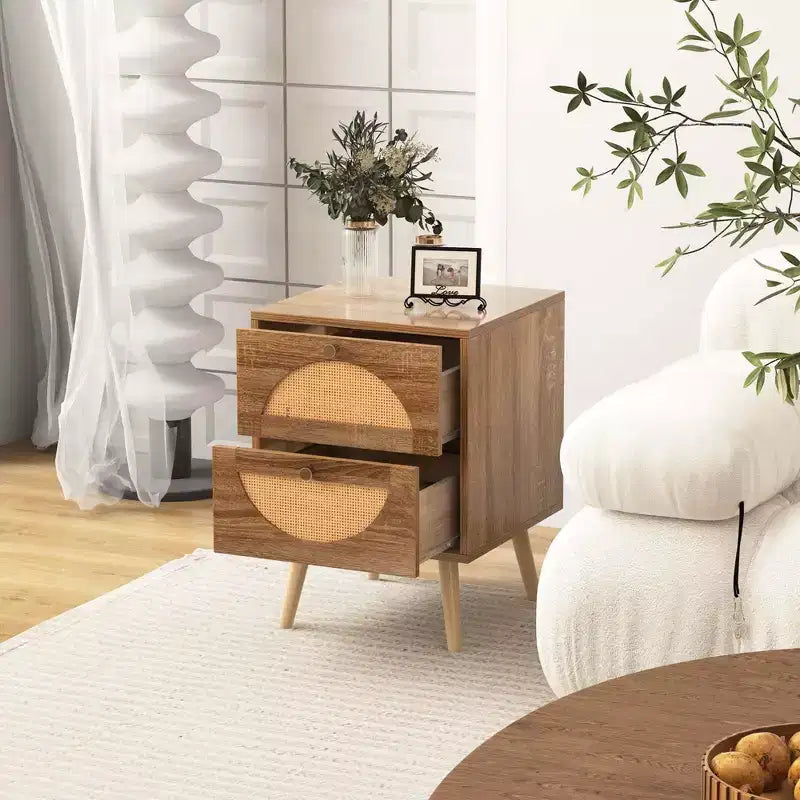 Costway 2 Tables de Chevet en Rotin avec 2 Tiroirs Pieds en Bois Massif Table Basse Compacte en Bois