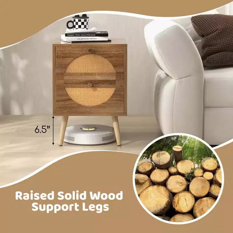 Costway 2 Tables de Chevet en Rotin avec 2 Tiroirs Pieds en Bois Massif Table Basse Compacte en Bois