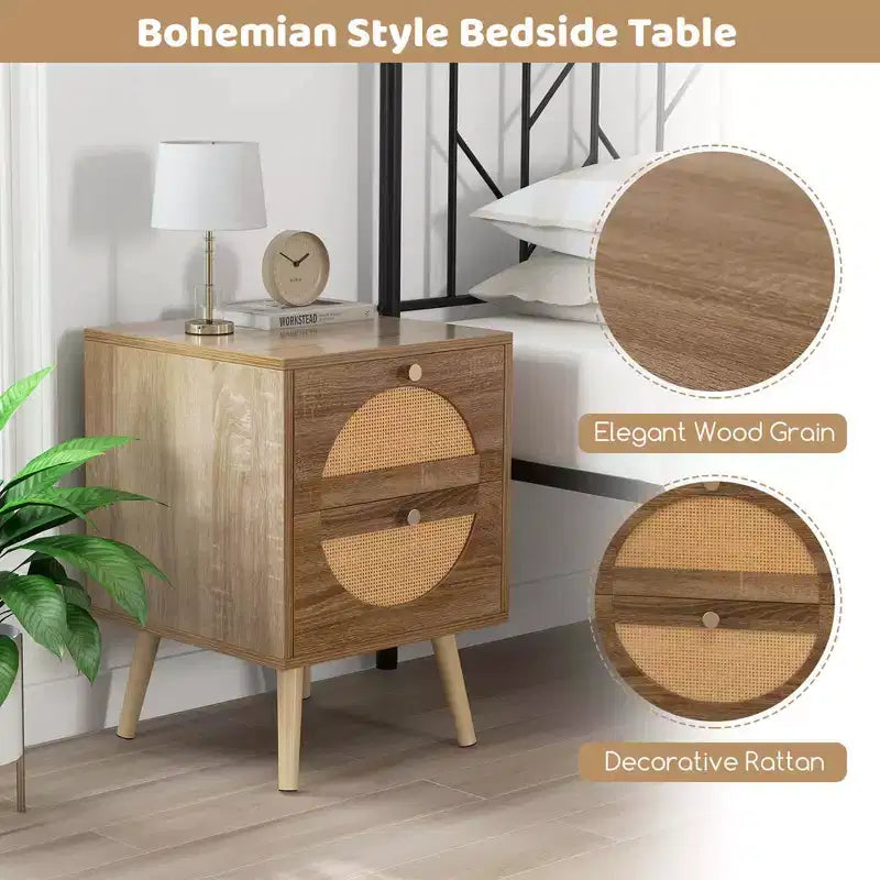 Costway 2 Tables de Chevet en Rotin avec 2 Tiroirs Pieds en Bois Massif Table Basse Compacte en Bois
