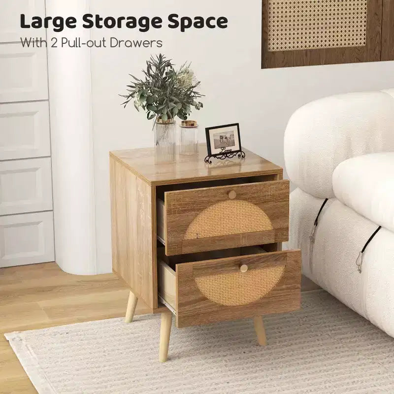 Costway 2 Tables de Chevet en Rotin avec 2 Tiroirs Pieds en Bois Massif Table Basse Compacte en Bois