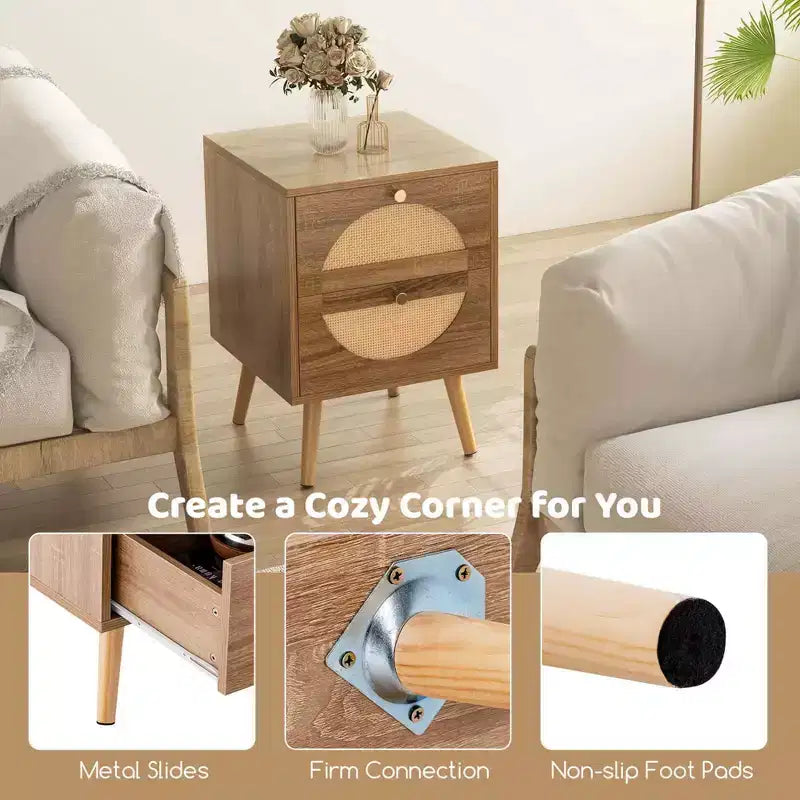 Costway 2 Tables de Chevet en Rotin avec 2 Tiroirs Pieds en Bois Massif Table Basse Compacte en Bois