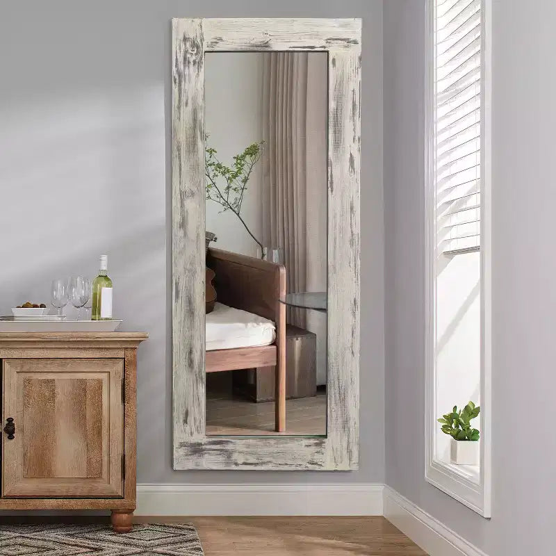 PexFix 24 po L x 58 po H Miroir psyché rectangulaire de style ferme avec cadre en bois massif, à poser ou à incliner, blanc patiné
