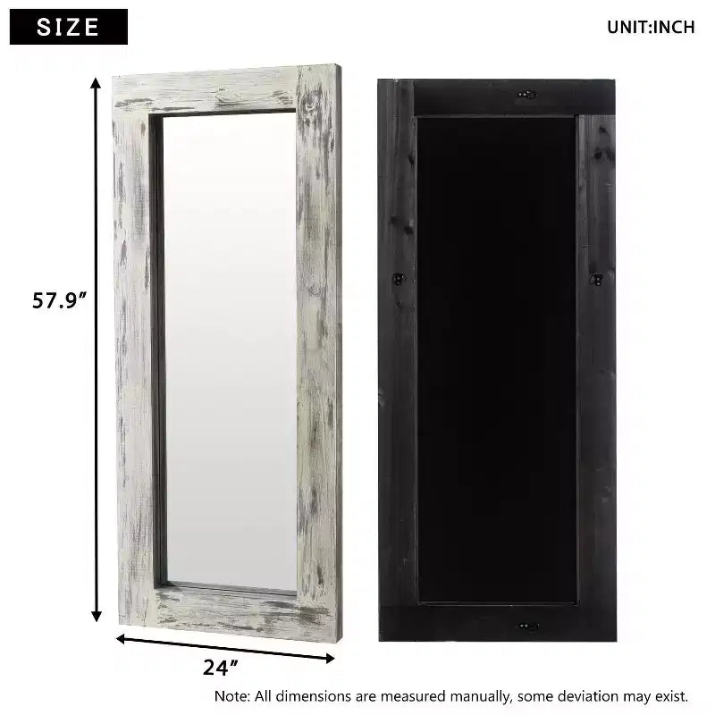 PexFix 24 po L x 58 po H Miroir psyché rectangulaire de style ferme avec cadre en bois massif, à poser ou à incliner, blanc patiné