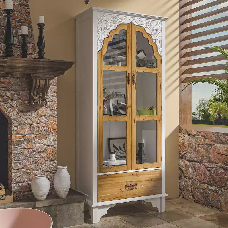 Famapy Meuble de rangement vertical blanc, motif gaufré, portes vitrées arquées, étagères, vitrine, meuble de cuisine, meuble d'appoint.