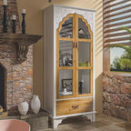 Famapy Meuble de rangement vertical blanc, motif gaufré, portes vitrées arquées, étagères, vitrine, meuble de cuisine, meuble d'appoint.