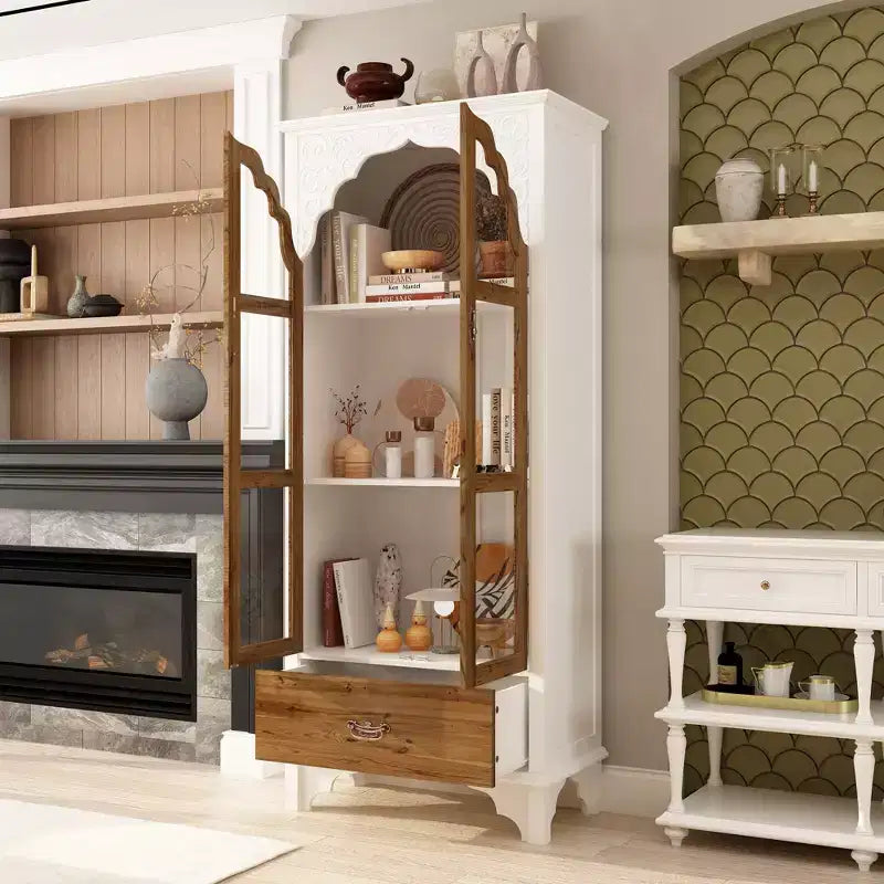 Famapy Meuble de rangement vertical blanc, motif gaufré, portes vitrées arquées, étagères, vitrine, meuble de cuisine, meuble d'appoint.