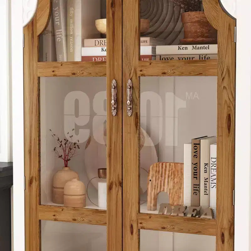 Famapy Meuble de rangement vertical blanc, motif gaufré, portes vitrées arquées, étagères, vitrine, meuble de cuisine, meuble d'appoint.