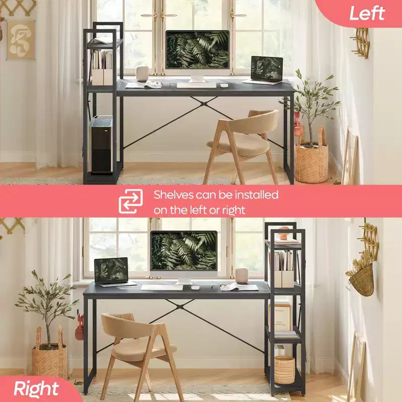 Bureau d'ordinateur Bestier 160 cm avec étagères de rangement et crochet pour casque couleur chêne, bureau de télétravail avec 4 étagères, pieds réglables et bibliothèque réversible