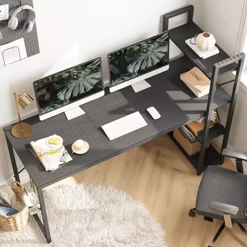 Bureau d'ordinateur Bestier 160 cm avec étagères de rangement et crochet pour casque couleur chêne, bureau de télétravail avec 4 étagères, pieds réglables et bibliothèque réversible