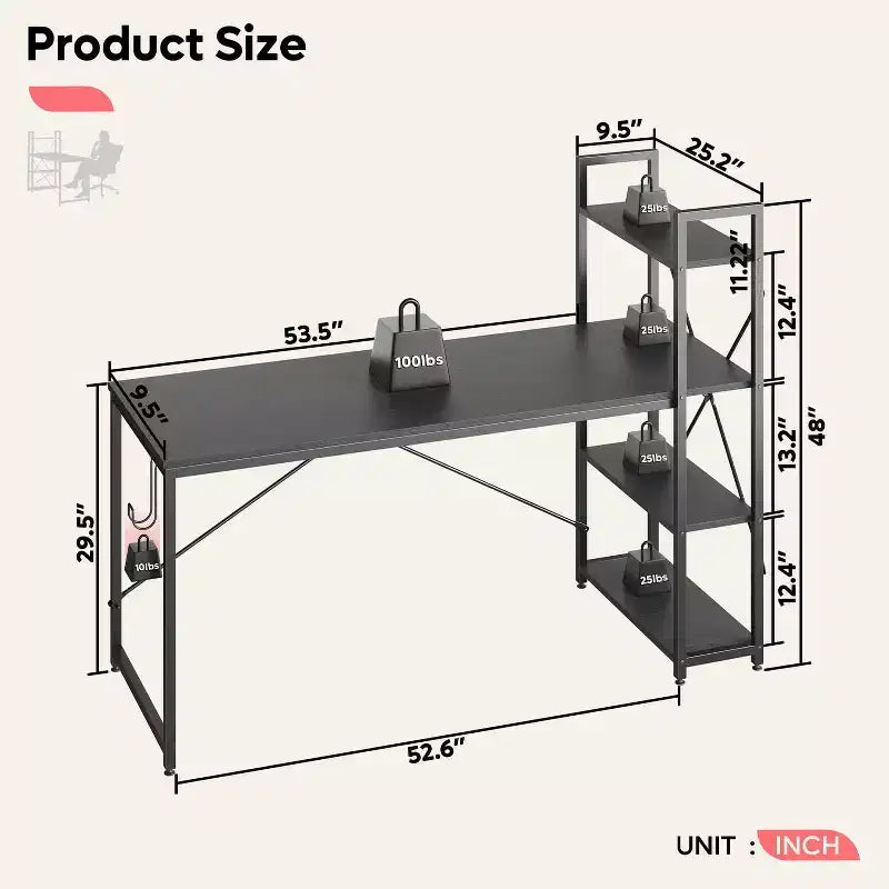 Bureau d'ordinateur Bestier 160 cm avec étagères de rangement et crochet pour casque couleur chêne, bureau de télétravail avec 4 étagères, pieds réglables et bibliothèque réversible