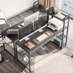 Bureau d'ordinateur Bestier 160 cm avec étagères de rangement et crochet pour casque couleur chêne, bureau de télétravail avec 4 étagères, pieds réglables et bibliothèque réversible
