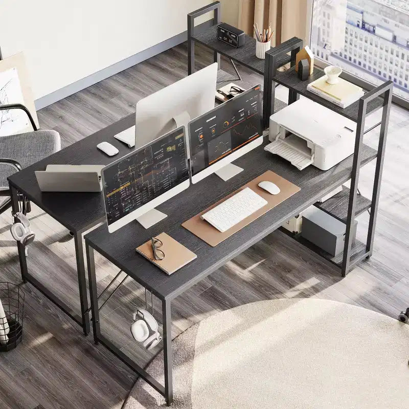 Bureau d'ordinateur Bestier 160 cm avec étagères de rangement et crochet pour casque couleur chêne, bureau de télétravail avec 4 étagères, pieds réglables et bibliothèque réversible