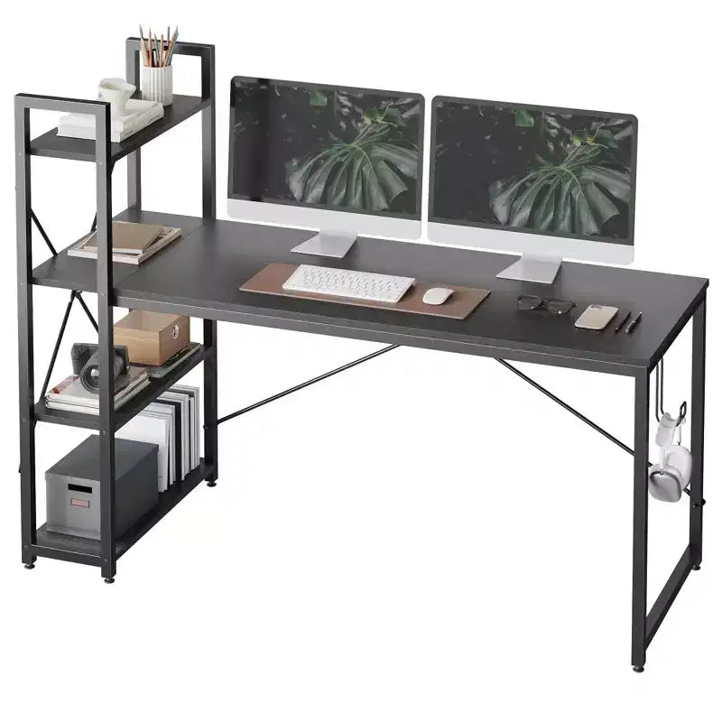 Bureau d'ordinateur Bestier 160 cm avec étagères de rangement et crochet pour casque couleur chêne, bureau de télétravail avec 4 étagères, pieds réglables et bibliothèque réversible