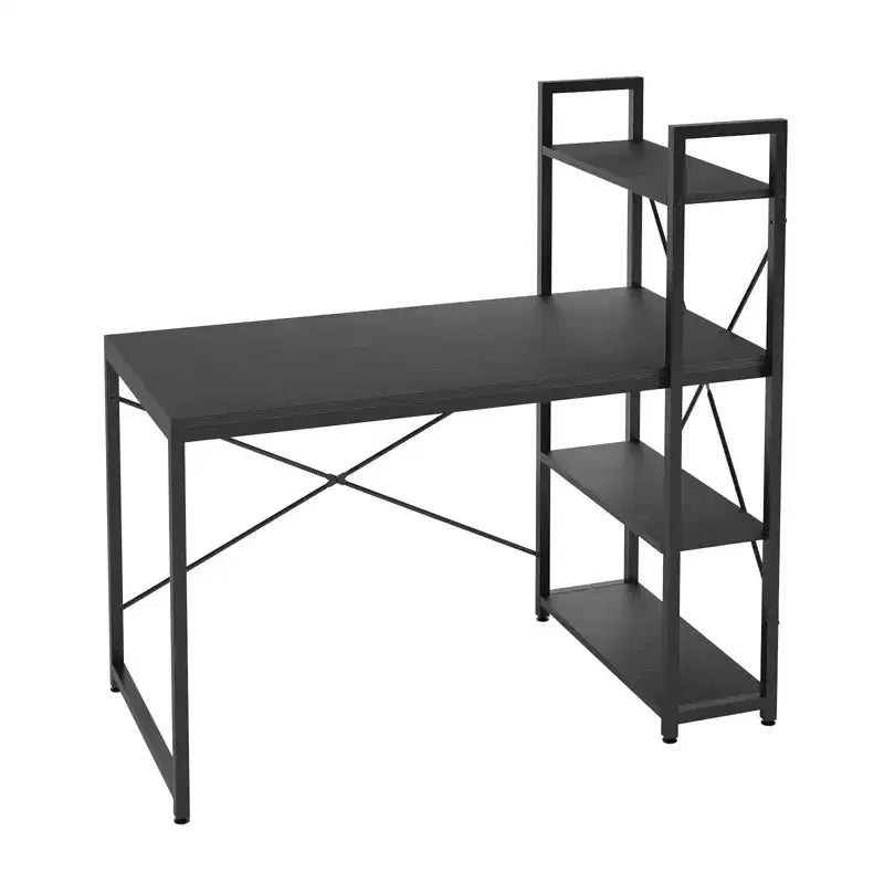 Bureau d'ordinateur Bestier 160 cm avec étagères de rangement et crochet pour casque couleur chêne, bureau de télétravail avec 4 étagères, pieds réglables et bibliothèque réversible