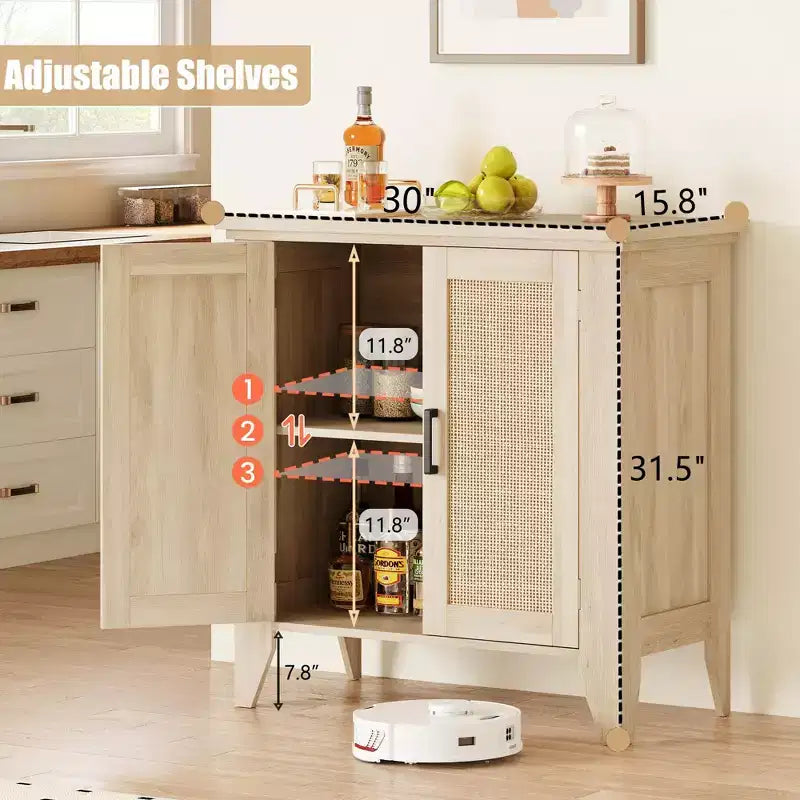 Bahut de cuisine, Meuble de rangement en rotin avec portes et étagères, Commode d'appoint en bois