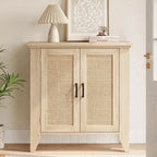 Bahut de cuisine, Meuble de rangement en rotin avec portes et étagères, Commode d'appoint en bois