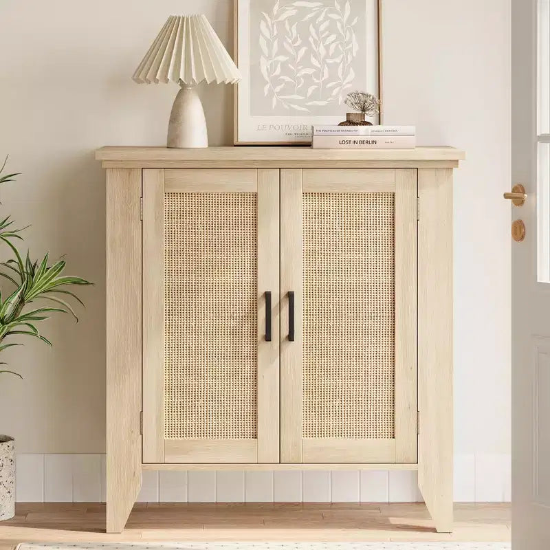 Bahut de cuisine, Meuble de rangement en rotin avec portes et étagères, Commode d'appoint en bois